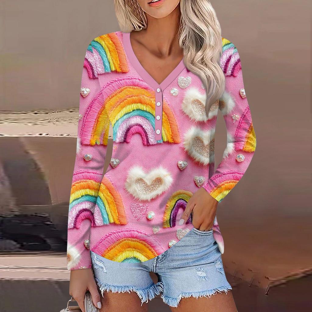 Женский модный повседневный топ с длинным рукавом и V-образным вырезом на пуговицах ко Дню святого Валентина с принтом в виде сердца