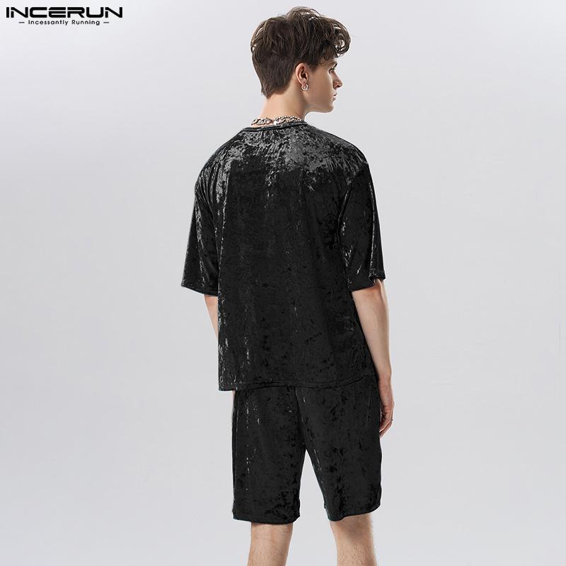 INCERUN Мужские комплекты из 2 предметов Pleuche с короткими рукавами, футболки и шорты, одежда для отдыха, свободный костюм