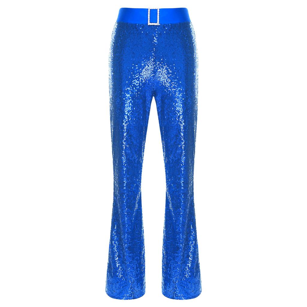Womens Glittery Sequin Jazz Dance Pants Flared Design Elastic High Waist Rhinestone Decor Bell Bottom Trousers