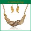 Rhinestone Decoration Fashion Feather Design Women Gold Necklace And Set Earring