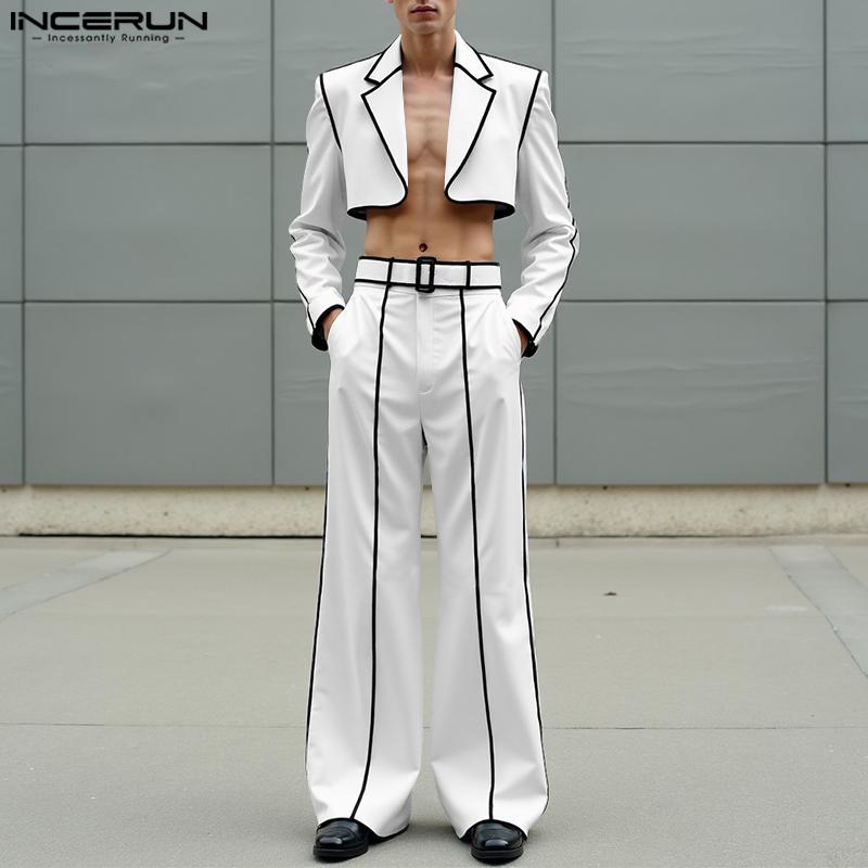 INCERUN Men Stitching Long Sleeve Cropped Tops and Long Pants Outfits Sets