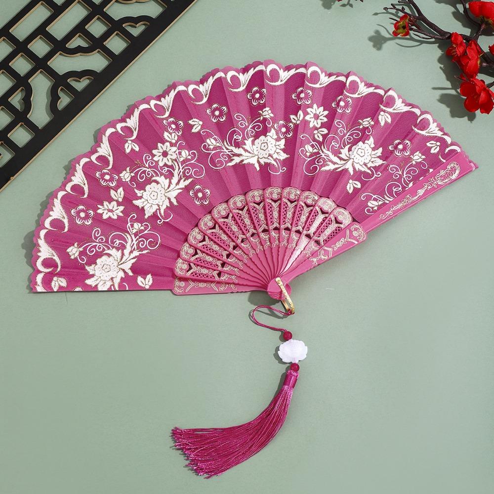 Portable Vintage Style Silk Hand Fan Floral Pattern Decorative Folding Fan with Tassel Handmade Handheld Fan Wedding Party
