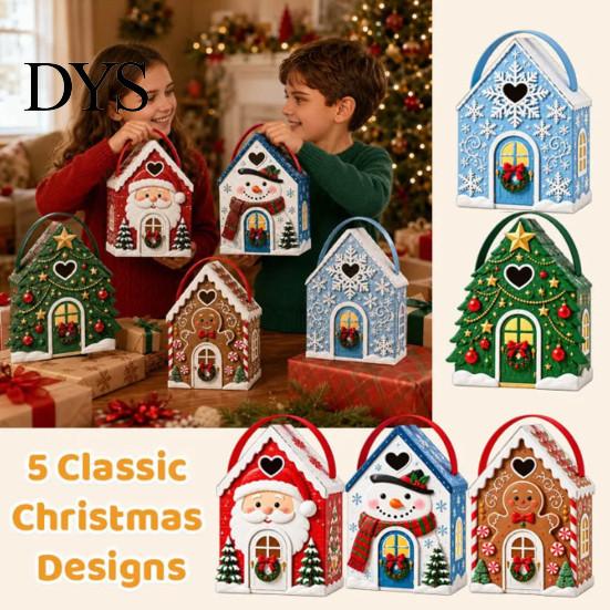 Reusable Holiday Gift Packaging Christmas House Box with Handle, 3D Gingerbread/Santa Claus/Tree/Snowflake Candy Snack Containers for Parties