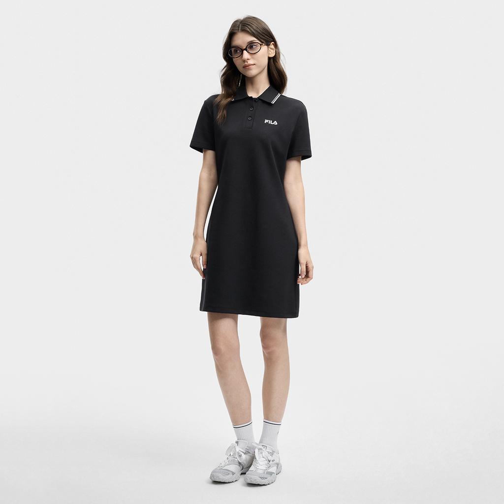 Fila Оригинальное Модное Простое Базовое Классическое Ретро Повседневное Свободное Универсальное Удобное Платье с Воротником Поло с Коротким Рукавом Женские платья Черное F51W629306FBK