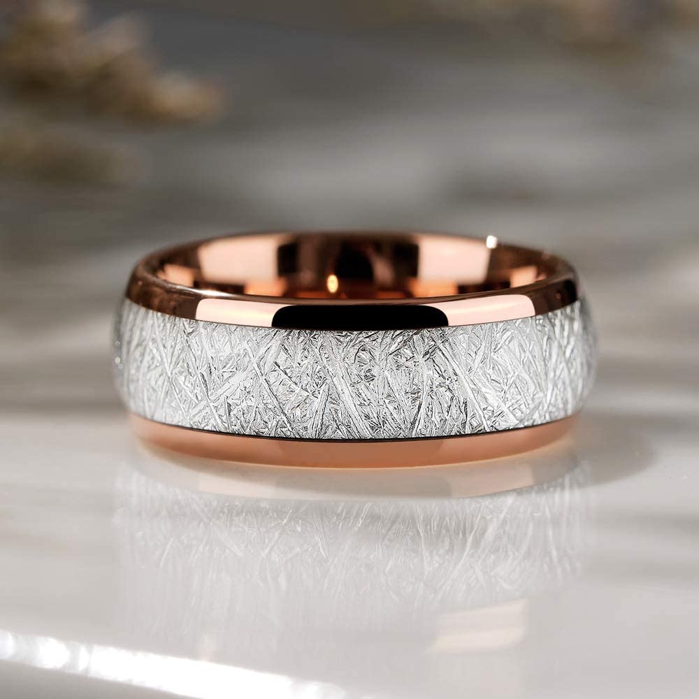 Fashion 8mm Men 'S Gold Color Groove Beveled Edge Stainless Steel Ring Meteorites Inlaid Red Carbon Fibre Ring Men Wedding Band