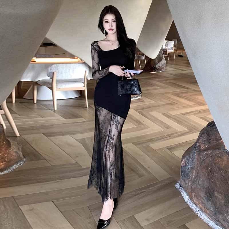Женское французское элегантное сексуальное кружевное длинное платье
