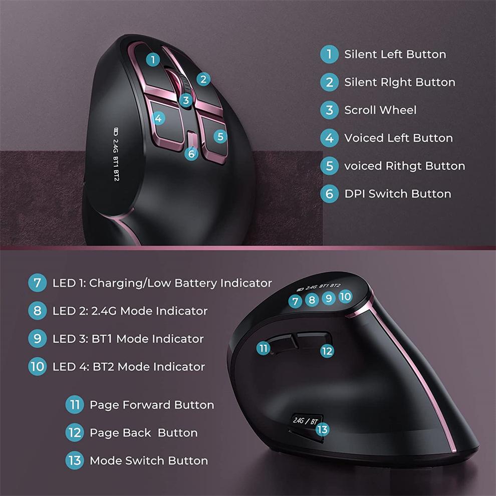 Jomaa 2.4G+Bluetooth Vertical Mouse Wireless for Apple Mac Laptop Notebook 9 Buttons Rechargeable Gaming Mouse for PC Ipad