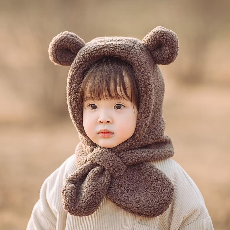 Cute Bear Baby Plush Hat Scarf Winter Lamb Fleece Ear Protection Cap for Toddler Boy Girl Cartoon Warm Kids Beanie Caps