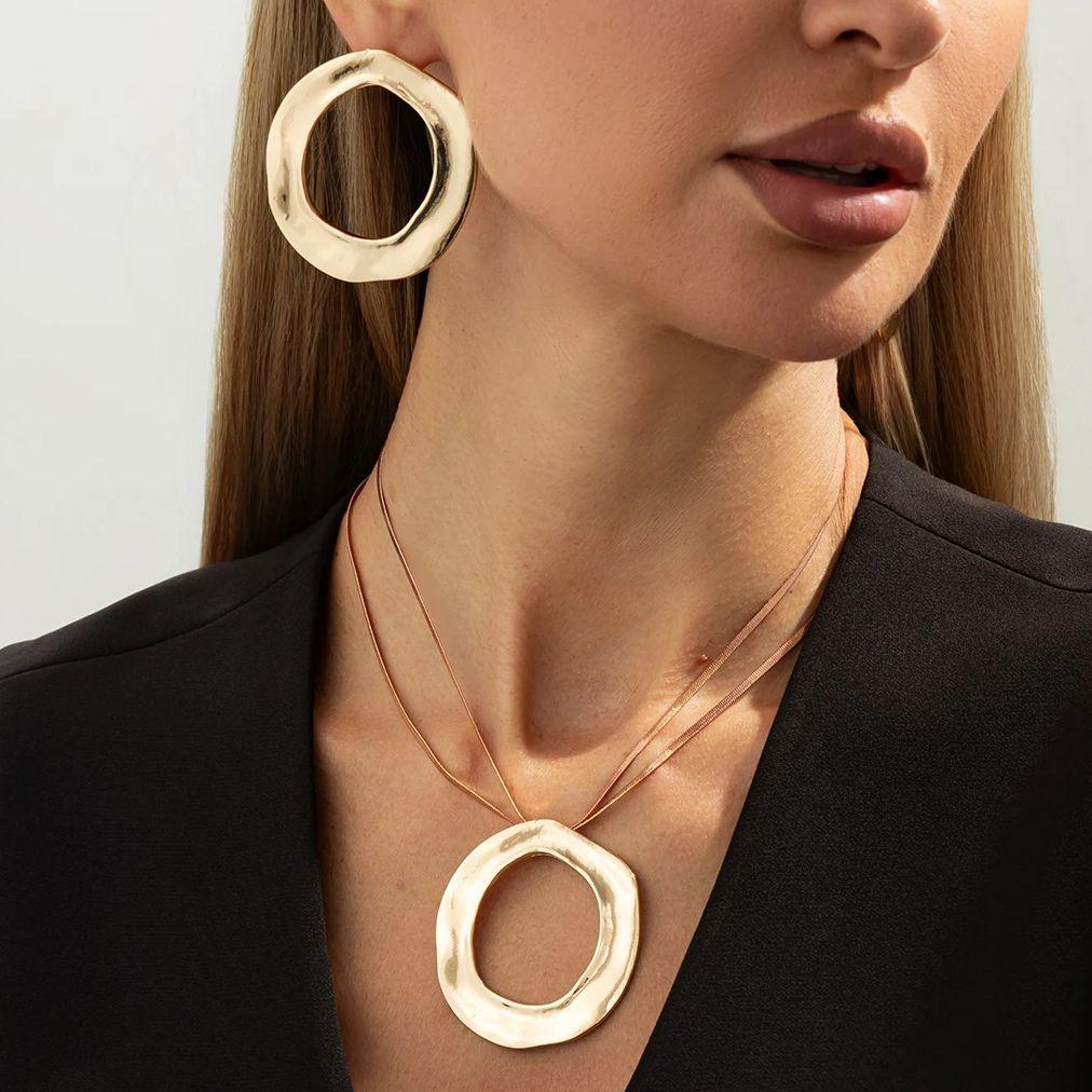 Ingemark Vintage Punk Irregular Circle Pendant Necklaces Earrings for Women Trendy Gold Color Metal 2026 New Year Jewellery Set