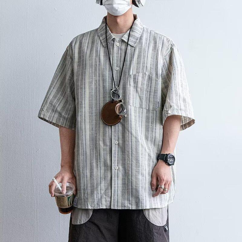Мужская рубашка с короткими рукавами и буквами в японском стиле Гонконга, свободная рубашка для мужчин и женщин, летняя модная универсальная повседневная куртка