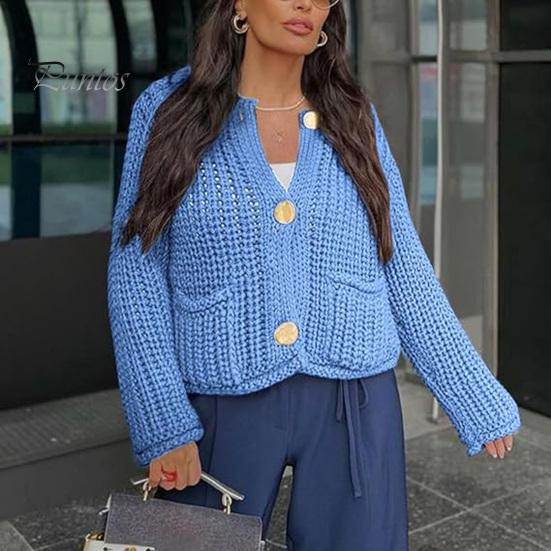 Вязаный укороченный кардиган, свитер с V-образным вырезом, длинным рукавом, на пуговицах, свободный крой, свитер, пальто с карманами, однотонный трикотаж