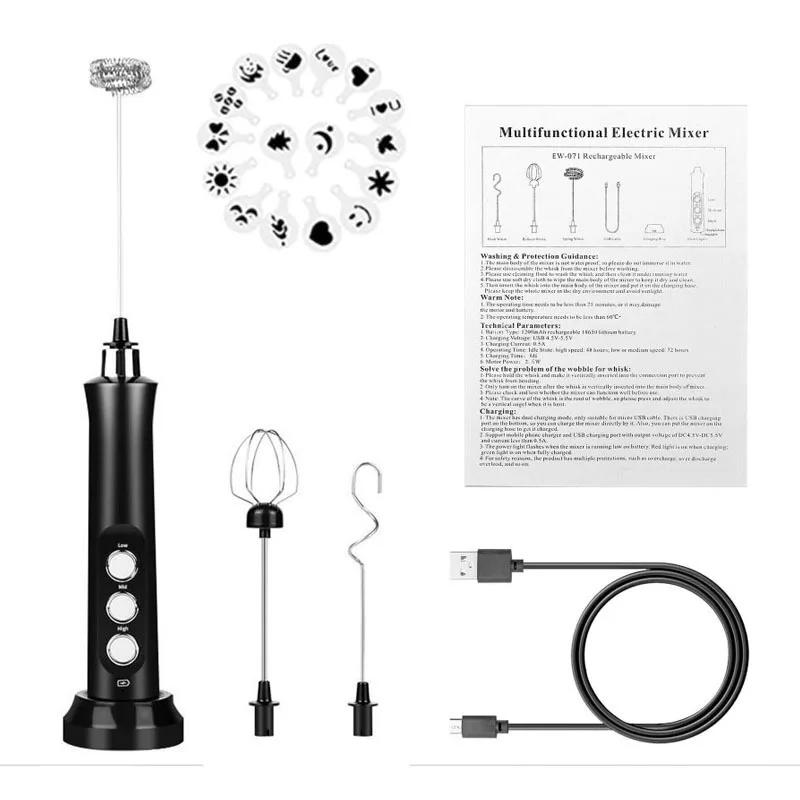 Машина для вспенивания молока, электрический портативный миксер для кофе, USB-вспениватель молока, капучино, взбиватель яиц, 3-скоростной блендер, 16 трафаретов