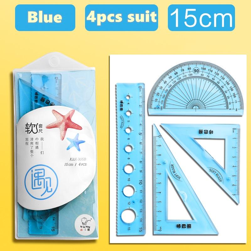 4 шт., мягкая линейка, костюм, 15 см, 20 см, гибкая прозрачная шкала, прямые треугольные линейки, транспортир, измерительные принадлежности для рисования, школьные принадлежности