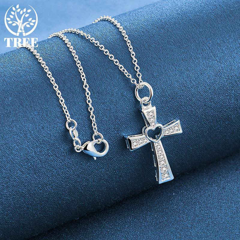 925 Sterling Silver Cross AAA Zircon Heart Necklace Jewelry