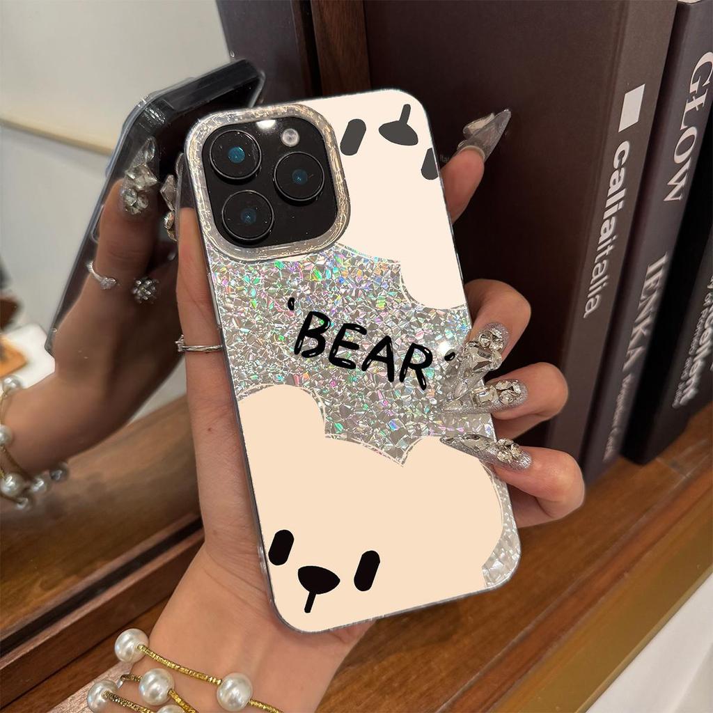 Чехол для iphone XR XS Max 16 Plus 17 Pro 11 15 Air 12 14 13 18 Pro Max Бежевый Элементы Медведя Блеск Треск Фольга Акрил ТПУ Чехол для Телефона