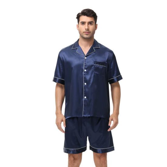 2Pcs/Set Men Pajamas Set Lapel Short Sleeve Single Breasted Tops Elastic Waist Shorts Set Solid Color Satin Sleepwear