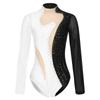 Womens Color Block Patchwork Leotard Sparkle Rhinestone Sheer Mesh Long Sleeve Bodysuit Gymnastics Acrobatics Dancewear