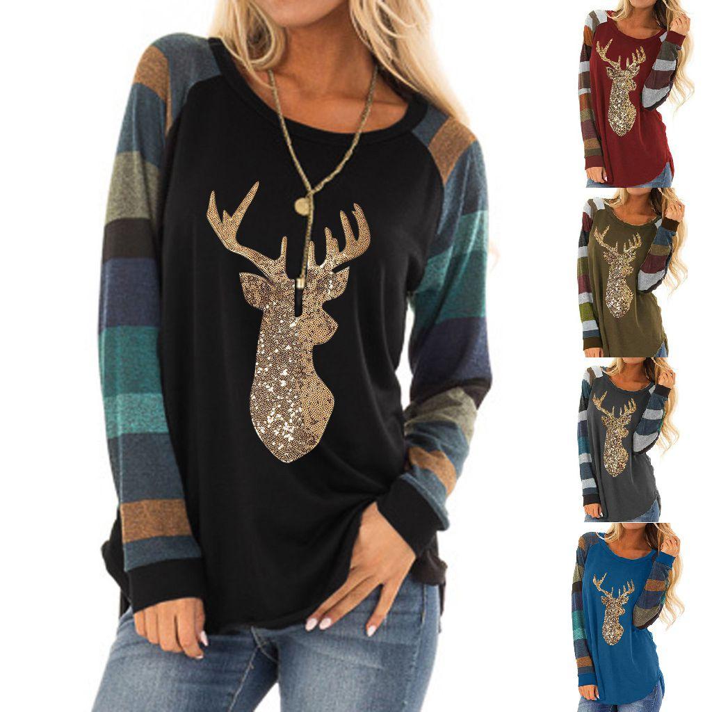 Soft Womens Christmas T-shirt Blouse With Chic Long Sleeves And Reindeer Motif