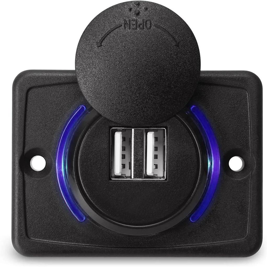 Dual USB 3.0 Car Charger Socket with Blue Indicator Light and Cap 12/24V Power Outlet for Car Boat Vehicle Bus RV ATV Phone Charger Adapter Panel