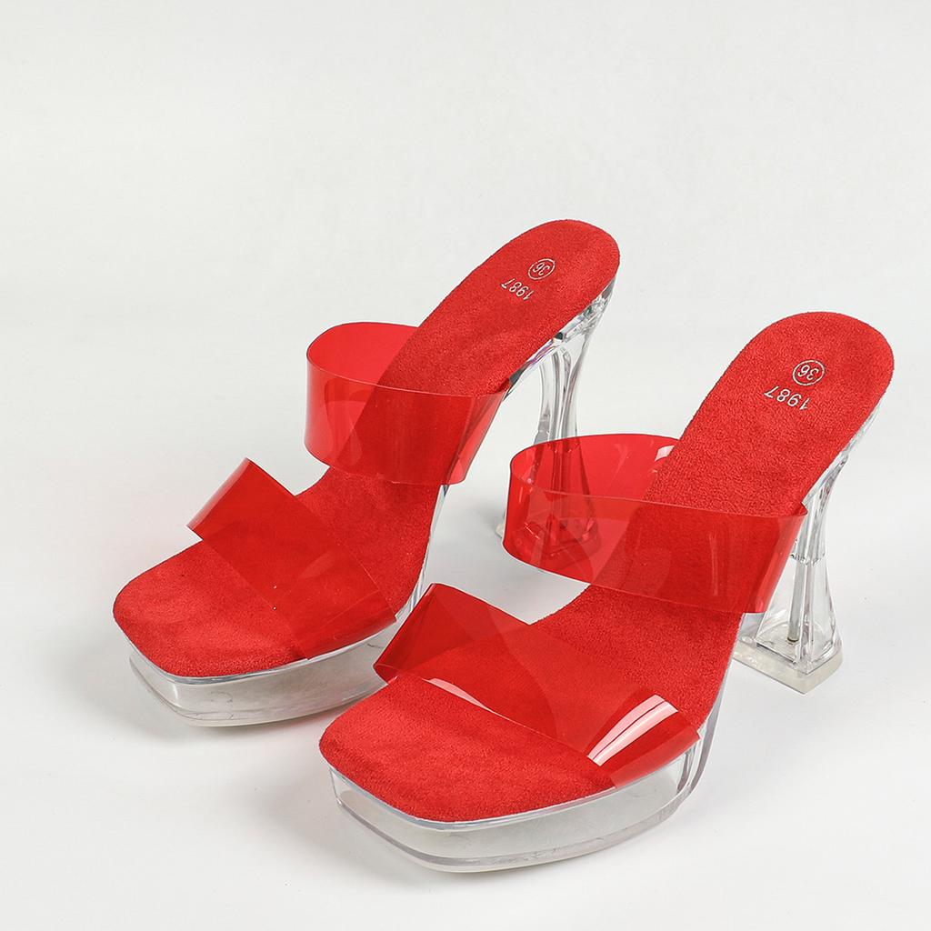 12 см модные свадебные пикантные модели автомобиля прозрачные нескользящие тапочки для ночного клуба на толстом каблуке с кристаллами и квадратной головкой LFD