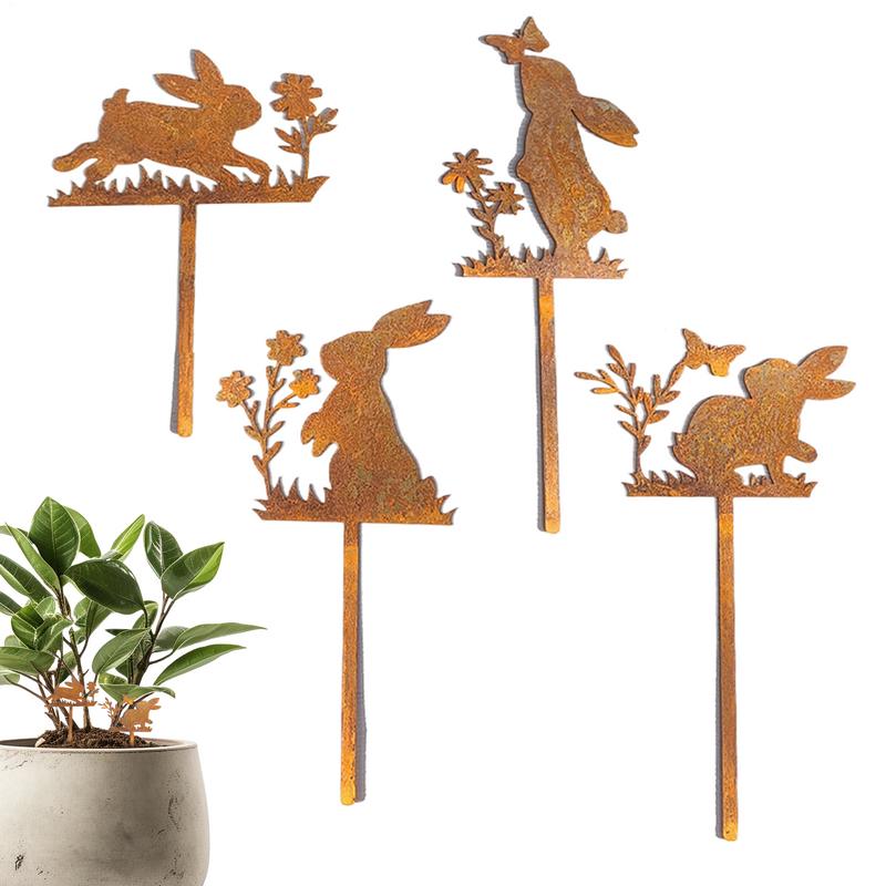 Iron Art Easter Bunny Garden Stakes Easter Rabbit Silhouette Set Rusty Animal Garden Flower Pot Grass Plug-in Decoration