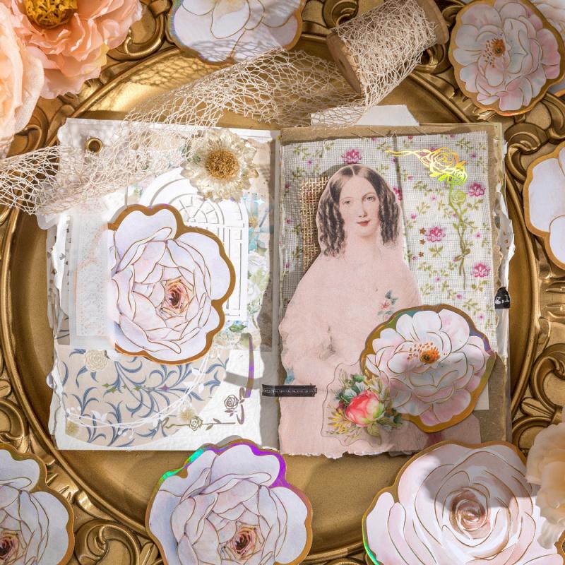 10-Sheet Vintage Gold-Foil Flower Sticker Pack, Retro Hot-Stamped Floral Designs for Journal Embellishment & Scrapbooking