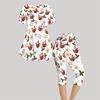 Women Plus Size Round Neck Short Sleeve White Printed Two Piece Pajama Set Flared Top Capri Pants