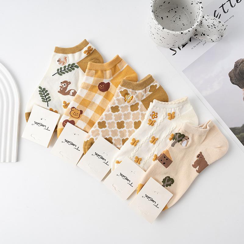 Cotton Socks Children, College Style Cartoon Embroidered Boat Socks, Breathable Sweat-Absorbing Invisible Sports Socks