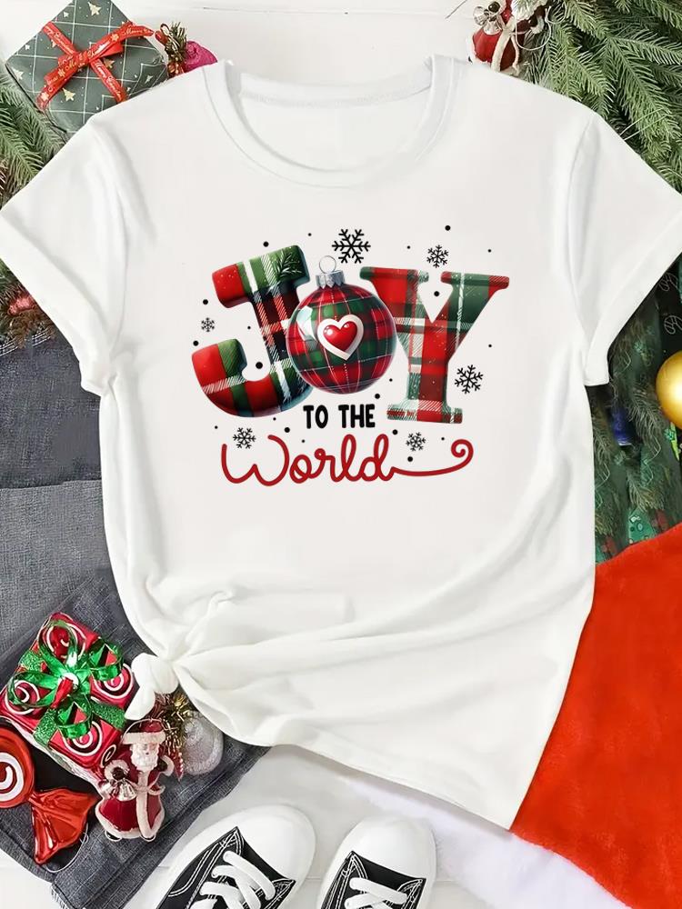 (Asian Size) Print Merry Christmas O-neck Women's Top New Year T Clothing Tree Lovely Style Cute Short Sleeve T-shirts Fashion Holiday Graphic Tee