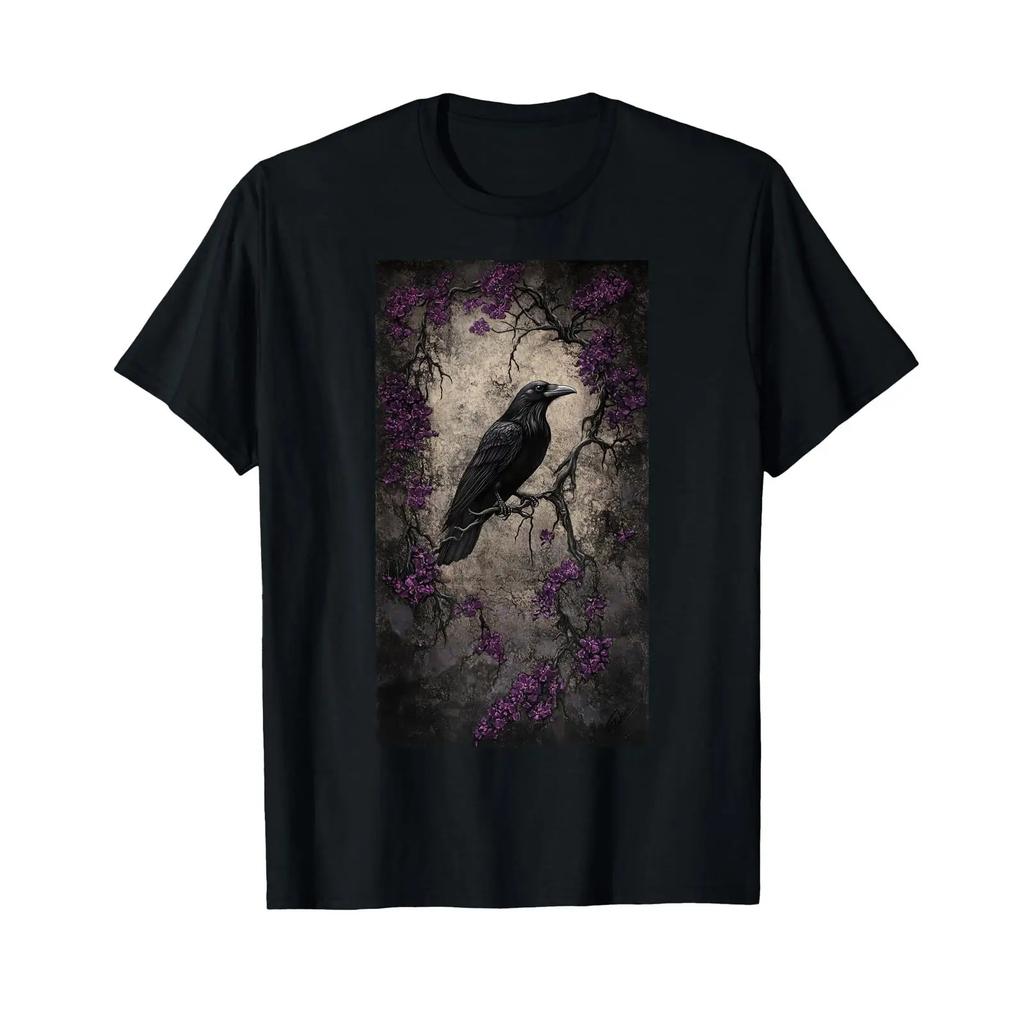 Gothic Raven Blackbird art Floral Nature T Shirt vintage Washed fashion streetwear graphic Top For Everyday Wear Breathable