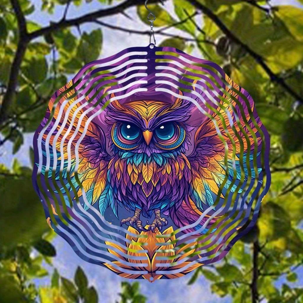 Purple Golden Owl Wind Chime with Stained Glass Outdoor Garden Decor 360 Rotating Hook No Battery Needed Easy Hang Home Art