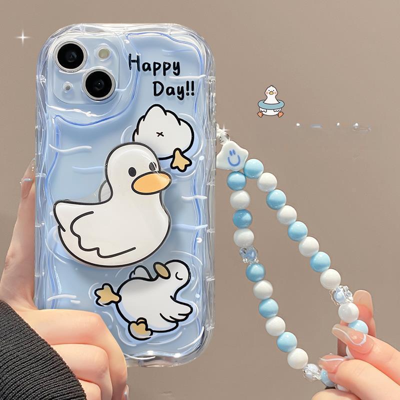 Applicable To Apple 14promax Mobile Phone Case IPhone 15/13 Cute Duck Bracket Chain 11/12mini Transparent