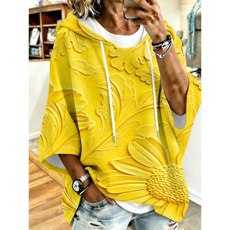 White Daisy Texture Loose Drop Sleeve Hoodie