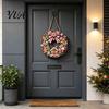 Vintage Style Candy Cane Garland Gingerbread Man Wreath Wooden Sign for Front Door, Retro Christmas Hanging Plaque with Colorful House Wall