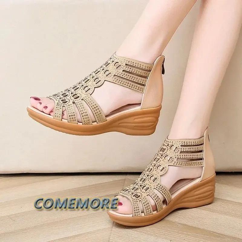 Hot Selling Shoes Women Slippers Heels Sandals Woman's 2025 New Fashion Rhinestone Platform Wedges Gladiator Sandales Femmes