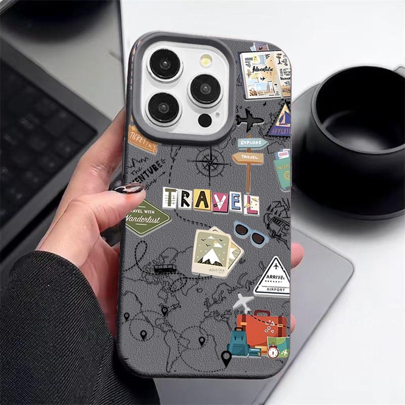 Чехол для телефона с картой путешествий для iPhone 17 Air 16e 16 15 Pro Max 12 13 14 Pro Max 11 Ударопрочный Мягкий ТПУ Силиконовый Чехол с Текстурой Кожи