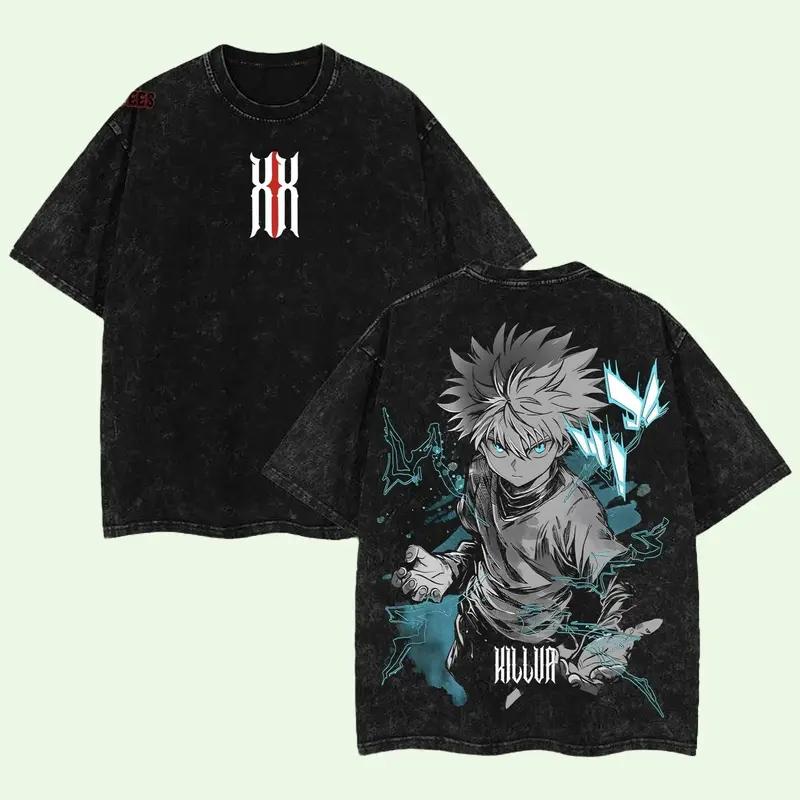 Anime Hunter x Hunter Killua Printed Tee Men Short Sleeve Cotton Tshirts Vintage Washed Tshirt Harajuku Male Oversized T Shirt