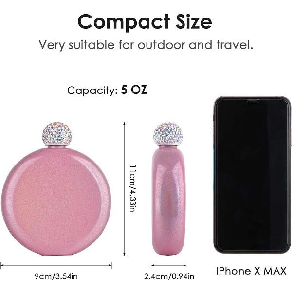 Cute Liquor Flask for Women, Junya 304 Stainless Steel,Pretty Glitter Coating Whiskey Flasks,Shining Rhinestone Cap,Portable Wine Flask for Drink Bar