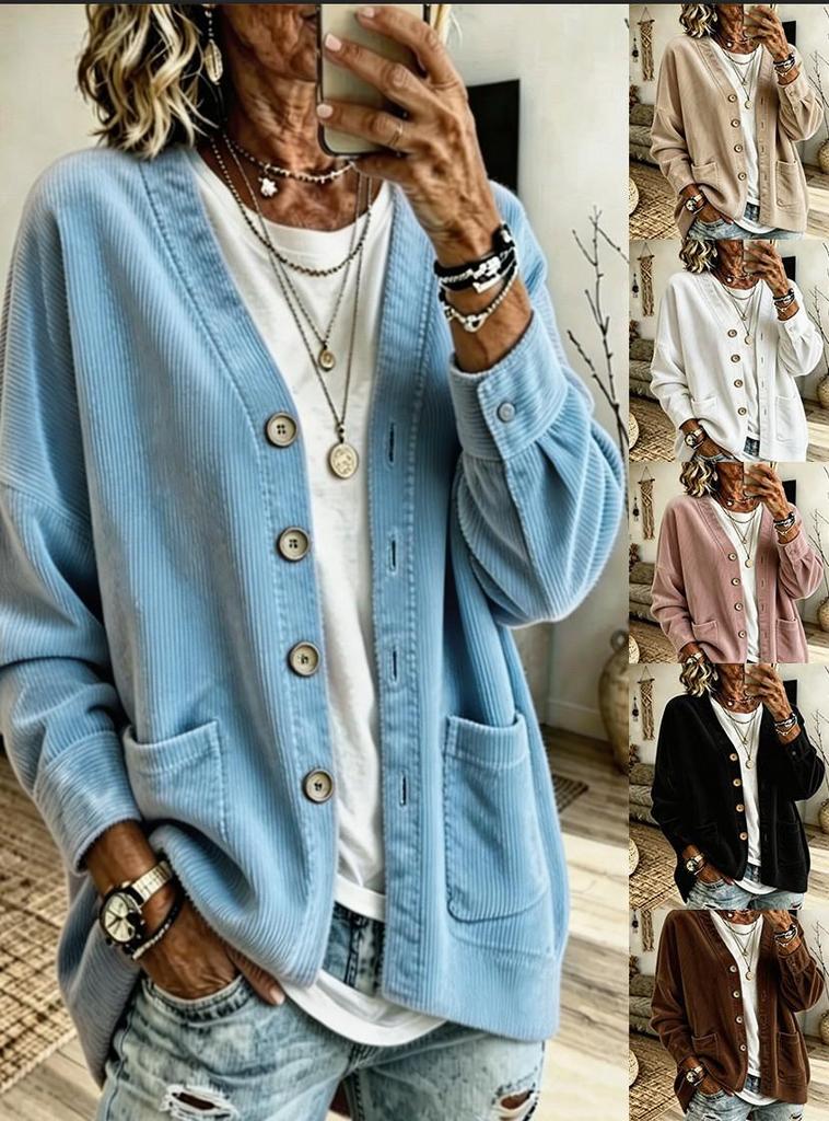Women's Autumn Corduroy V-Neck Loose Double Pocket Cardigan