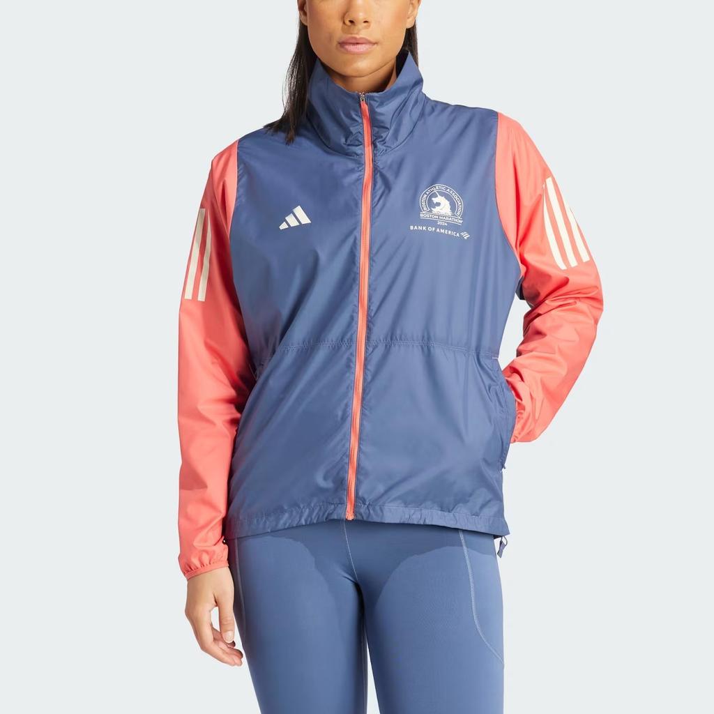 Adidas Boston Marathon 2024 Celebration Jacket Color Block Striped Zip Retro Sports Stand Collar Long Sleeve Jacket Women Jacket Blue IT1450