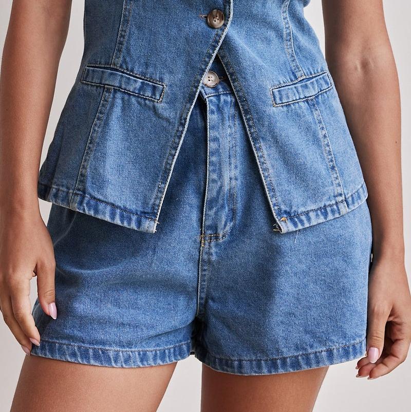 Spring/Summer 2025 European & American Fashion Sleeveless High Waist Loose Denim Shorts Set