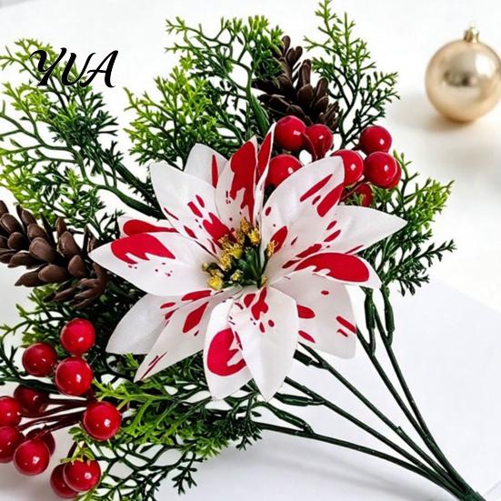 Vibrant Floral Home Decor 5 Heads Artificial Poinsettia Flowers, Christmas Fake Pine Berry Decoration, Holiday Party Fade-Resistant Red And