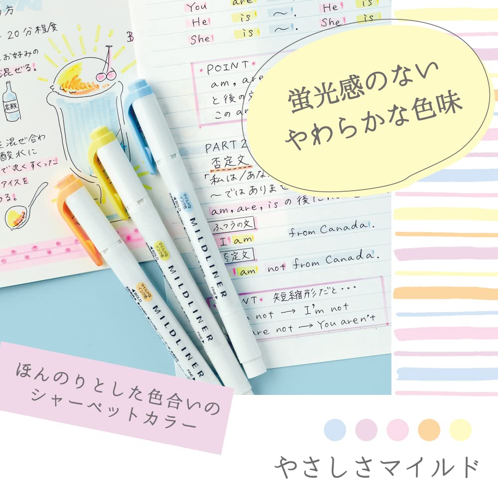 Zebra Mildliner Highlighter, Gentleness, 5-Color Set, WKT7-5C-YC