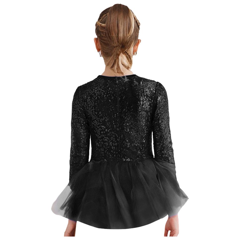 Girls Jazz Dance Costume Sparkly Sequins Bodice Tulle Skirted Leotard Long Sleeve Back Invisible Zipper Bodysuit