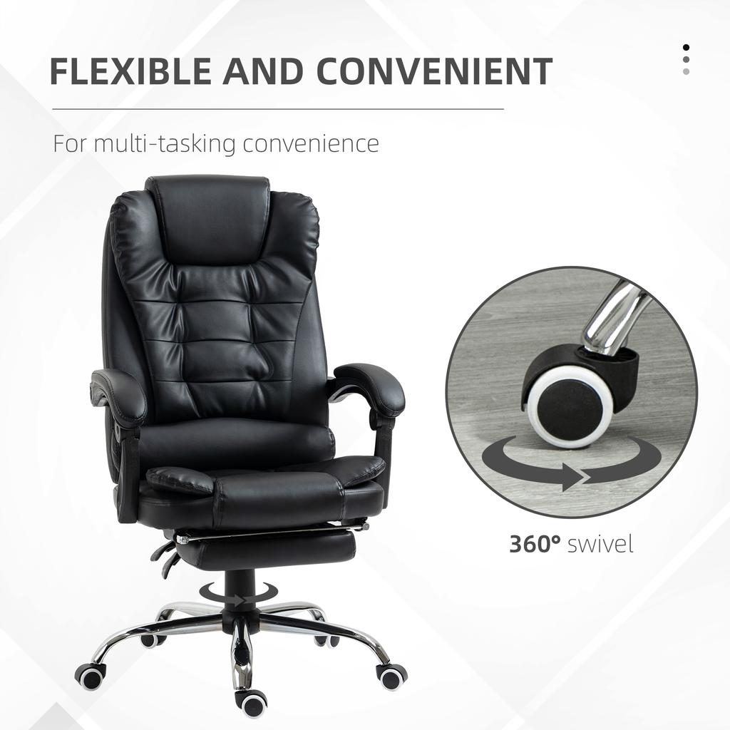 Executive Office Chair, PU Leather Home Office Chair with Swivel Wheels, Reclining Backrest, Retractable Footrest, Black