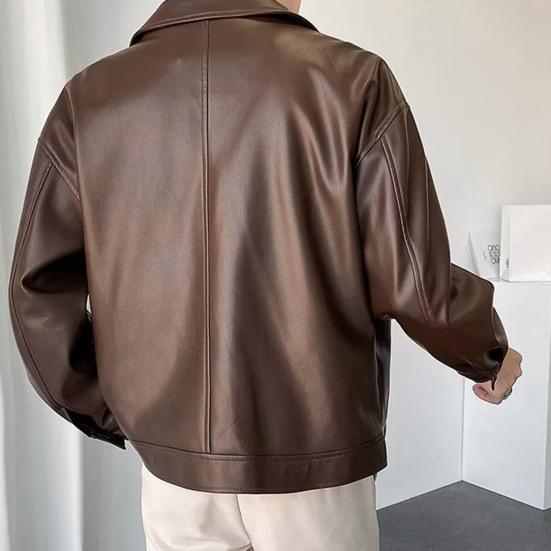 Мужская куртка с лацканами, длинными рукавами, карманами-клапанами, однобортная куртка, пальто, однотонная, свободная, водонепроницаемая, теплая, из искусственной кожи