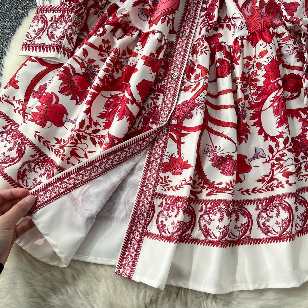 Весна Осень Винтаж Дворцовый Принт Подиумное Платье Женские Длинные Рукава Вечерние Короткие Платья С Поясом