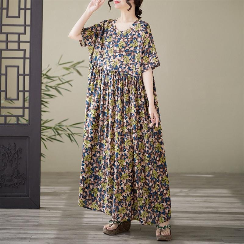 Короткий рукав Плюс размер Хлопок винтажный цветочный новый в платьях для женщин повседневный свободный Макси длинное летнее платье