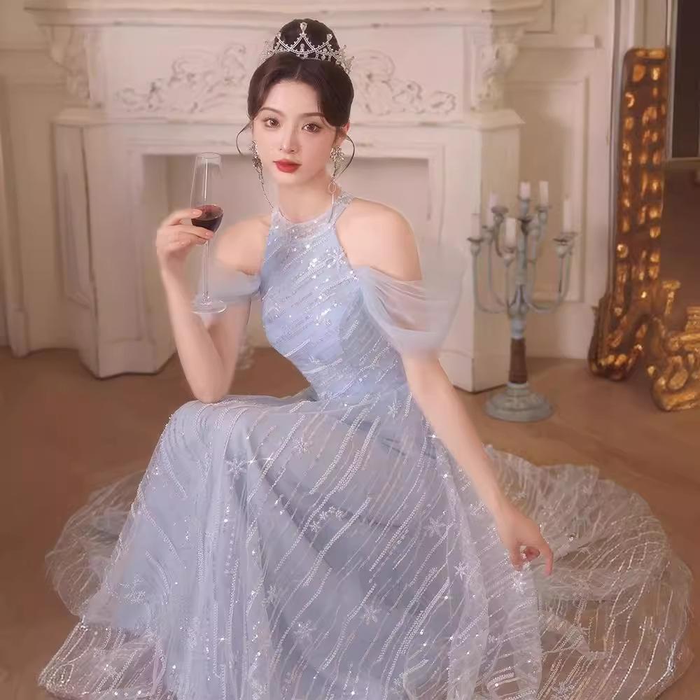 Blue evening dress women's high-end sense of light luxury niche high-end bar mitzvah host graduation ceremony banquet temperament skirt