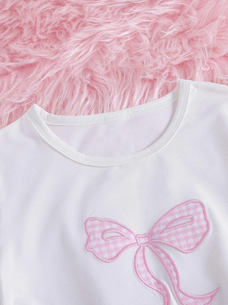 Комплект из 2 предметов для девочек: Короткий топ с принтом-бантом и розовые брюки в клетку с широкими штанинами для детей, размер 8-12 лет